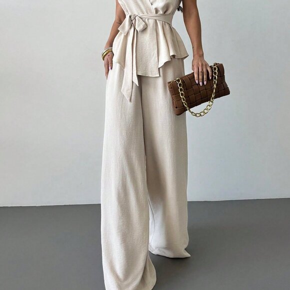 Apricot Elegant Women's Surplice Sleeveless Belted Blouse & Wide leg Pant Set - Picture 4 of 7